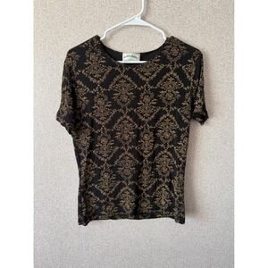 Frazier Lawrence Womens Black Gold Damask Print Short Sleeve Crew Neck‎ Top